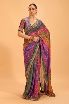 Multicolored saree with floral sequin embroidery. Paired with an embroidered blouse with tasseled sleeves. - Aza Fashions Multicolor Silk Pre-draped Saree With Zari Work, Multicolor Pre-draped Saree For Transitional Season, Navratri Multicolor Pre-draped Saree With Resham Embroidery, Festive Multicolor Pre-draped Saree With Resham Embroidery, Multicolor Pre-draped Saree With Zari Work, Multicolor Tissue Silk Wedding Saree, Multicolor Tissue Silk Pre-draped Saree For Wedding, Multicolor Chikankari Embroidery Blouse For Navratri, Multicolor Embroidered Pre-draped Saree For Reception