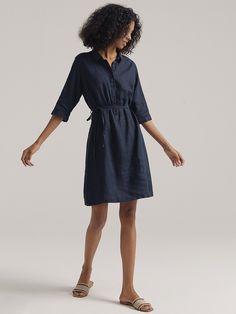 Affordable price buy Dresses on Shopcozy, SPU: 4491QDR9530BB, Color: Navyblue, Theme:Spring/Fall, Edition type:Regular Fit. Casual Long Sleeve Linen Work Dress, Casual Shift Dress With 3/4 Sleeves, Casual 3/4 Sleeve Dresses, Long Sleeve Linen Dress With Placket, Elegant Navy Shirt Dress For Spring, Knee-length Fall Dresses With Placket, Fall Knee-length Dress With Placket, Blue Relaxed Fit Knee-length Shirt Dress, Casual Blue Linen Dress For Daywear