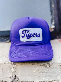 Purple Trucker Snapback Hat, adjustable Adjustable Curved Brim Trucker Hat For College, Adjustable Curved Brim Dad Hat For College, Adjustable Curved Brim Hats For Game Day, Casual Adjustable Hat For College, Adjustable Curved Brim Baseball Cap For Game Day, Adjustable Snapback Baseball Cap For College, Adjustable Cap With Letter Patch, Adjustable 5-panel Fitted Hat For Baseball Season, Retro Adjustable Hat For Sports Events