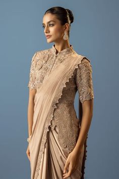 Beige pre-draped saree with floral, cutwork embroidered border. Paired with a blouse with an extended panel and floral bloom, pearl, cutdana, sequin embroidery. - Aza Fashions Elegant Floor-length Blouse With Resham Embroidery, Elegant Draped Saree With Resham Embroidery, Elegant Traditional Wear With Traditional Drape For Evening, Elegant Pre-draped Saree For Transitional Season, Elegant Evening Traditional Wear With Traditional Drape, Elegant Fitted Pre-draped Saree For Transitional Season, Transitional Pre-draped Elegant Saree, Elegant Blouse With Sheer Dupatta In Traditional Drape, Elegant Festive Blouse With Draped Sleeves