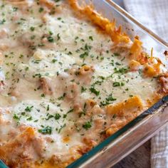 a casserole dish with meat, cheese and parmesan sauce in it