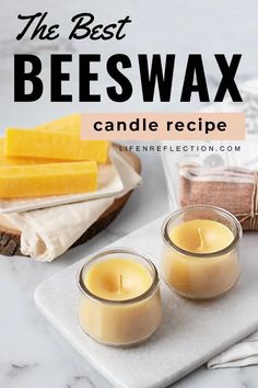 the best beeswax candle recipe on a white tray with two candles next to it