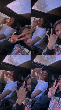 four different pictures of people sitting in a car and making the peace sign with their hands