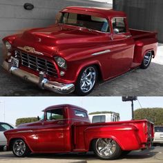 an old red truck parked in front of a building and another photo of the same car