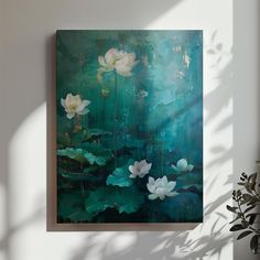 a painting on the wall with white flowers and green water lillies in front of it