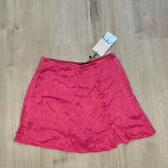 Nwt Zara Pink Satin Mini Skirt With Button Detail. Side Zipper Pink Button-up Bottoms For Summer, Pink Summer Bottoms With Buttons, Summer Mini Skirt With Button Closure, Pink Buttoned Summer Bottoms, Summer Mini Skort With Button Closure, Spring Short Skirt With Buttons, Casual Party Bottoms With Buttons, Summer Party Skirt With Button Closure, Summer Skort With Button Closure For Day Out