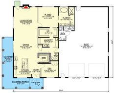 the floor plan for a two bedroom house with an attached garage and living room area