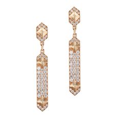 Glimmer with sophistication in these dazzling diamond 18 karat rose gold, drop earrings! These earrings measure 45 mm long and are 6 mm wide. These earrings are very versatile. They are easy to wear to dress up an outfit, but could also comfortable we worn with a casual outfit. Rose Gold Drop Earrings, Rose Gold Hoop Earrings, Gold Ring Designs, Diamond Drop Earrings, Best Diamond, Rose Earrings, Gold Drop Earrings, Art Deco Jewelry, Rose Gold Earrings