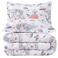 three sheets and two pillow cases are stacked on top of each other in different designs