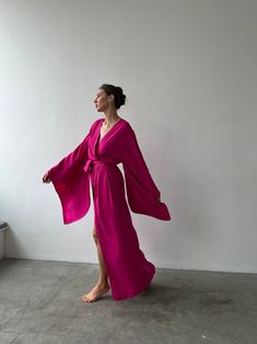 Robe With Kimono Sleeves Cotton Robe Women's Long Robe Bridal Robe Bridesmaids Robe Gift for Her Kimono Robe Boudoir Robe - Etsy Elegant Pink V-neck Kimono, Fitted Wrap Robe, Fitted Wrap Kimono For Party, Elegant Loungewear Kimono Maxi Length, Elegant Maxi Length Kimono For Loungewear, Elegant Maxi-length Kimono For Loungewear, Spring Party Robe With Kimono Sleeves, Wrap Kimono For Spring Wedding, Long Kimono For Bridesmaids