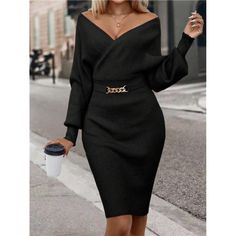 -Item Id 38681094 -Details: Chain, Wrap -Color: Black -Sleeve Length: Long Sleeve -Length: Knee Length -Fit Type: Slim Fit -Fabric: Medium Stretch -Material: Fabric -Composition: 47% Polyester, 34% Viscose, 19% Polyamide -Care Instructions: Hand Wash Or Professional Dry Clean -Temperature: Spring/Fall (18-25/63-77) -Sheer: No **Open To Offers!!!** **Bundle To Save More** **30% Off Bundles Of 2 Or More Items!!** ***Orders Go Out Within 5-10 Business Days!! Thank You For Your Patience!! Multiple S Elegant Winter Bodycon Dress For Date Night, Elegant Solid Color Winter Mini Dress, Elegant Solid Color Sweater Dress For Winter, Solid Color Knee-length Sweater Dress For Party, Chic Solid Color Sweater Dress For Spring, Knee-length Sweater Dress For Party, Solid Knee-length Sweater Dress For Party, Elegant Formal Spring Sweater Dress, Elegant Fitted Solid Color Sweater Dress