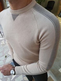 Elko Beige Slim Fit Crew Neck Sweater-baagr.myshopify.com-sweatshirts-BOJONI Sweater Outfits Men, Knit Structure, Beige Shirt, Knitwear Sweater, White Jumper, Prom Suits, Mens Fashion Classy, Aesthetic Shirts, Sweater Collection