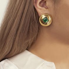 model wearing circular gold clip on earrings Nyc Design, 24kt Gold, City Design, Gold Plated Earrings, Stone Settings, Czech Glass, Diamond Shapes, Everyday Look, Beautiful Earrings