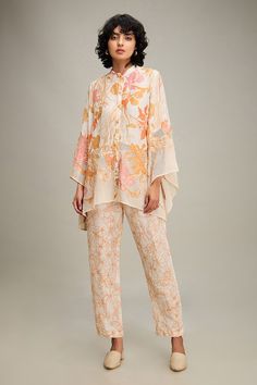 Off-white linen and handloom net shirt with floral print and floral applique hand embroidery. Comes with pant. - Aza Fashions Net Shirt, Peaches N Cream, Hand Applique, Floral Print Shirt, Band Collar, Floral Applique, Pants Pattern, Pant Set, Shirt And Pants