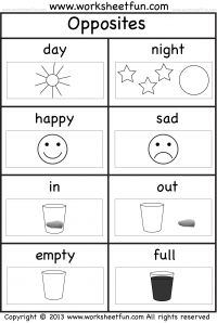 worksheet showing opposite and right hand words in the form of stars, circles, and smiley faces