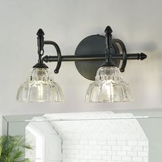 two light bathroom fixture with clear glass shades on the top and black metal fixtures above it