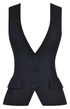 This night-out vest is updated in a close-fitting silhouette with a deeply dipped neckline. Exclusive retailer Front button closure Deep V-neck Decorative pocket flaps Lined 98% cotton, 2% spandex Dry clean Imported Deep V Neck Tops, Sleeveless Tuxedo, Tuxedo Top, Spring Wardrobe Essentials, Tuxedo Vest, Skirt Swimsuit, Crochet Ladies Tops, House Of Cb, Black Vest