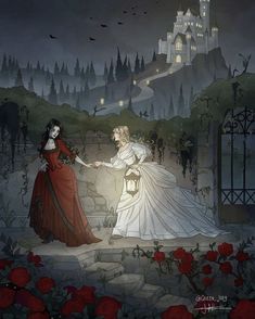 an image of two women in front of a castle at night with roses around them