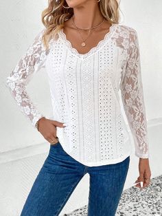 Women's 2024 Lace Shirt V-Neck Lace Long Sleeve Hollow Out White Shirt Tee White V-neck Long Sleeve Top For Fall, Spring Cotton Lace Top With V-neck, Casual Non-stretch Lace Top For Spring, Non-stretch White V-neck Blouse, White Non-stretch V-neck Blouse, Stretch V-neck Shirt For Spring, Summer Long Sleeve V-neck Top, Stretch V-neck Long Sleeve Top For Summer, Stretch Lace V-neck Top