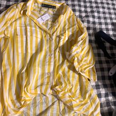 New York & Co 3/4” Yellow And White Stripes Blouse. Summer Shirt For Day Out With 3/4 Sleeves, Summer Half-sleeve Blouse With Roll-up Sleeves, Summer Blouse With 3/4 Roll-up Sleeves, Summer Tops With Roll-up 3/4 Sleeves, Summer Half Sleeve Blouse With Roll-up Sleeves, Casual 3/4 Sleeve Shirt For Day Out, Trendy Summer Shirt With 3/4 Sleeves, Trendy 3/4 Sleeve Summer Shirt, Summer Workwear Blouse With 3/4 Sleeves