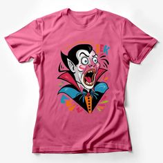 cartoon vampire halloween character expression colorful Female T-Shirt Custom graphic T-Shirt. Customize your color Fun Anime Print Crew Neck T-shirt, Halloween Anime Print Crew Neck T-shirt, Red Halloween Graphic T-shirt, Red Halloween T-shirt With Graphic Print, Red Graphic Print T-shirt For Halloween, Halloween Pop Culture T-shirt With Funny Print, Pink Fan Merchandise T-shirt With Character Print, Retro Halloween T-shirt With Character Print, Red T-shirt For Halloween Fan Merchandise