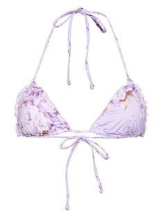 lilac purple/multicolour stretch-design all-over floral print ruffled trim triangle cup removable pads halterneck tie fastening rear tie fastening Lavender Triangle Top Swimwear For Summer, Purple Triangle Top Swimwear With Floral Print, Purple Swimsuit, Versace Outfit, Saint Barth, City Dress, Demi Fine Jewelry, Insta Inspo, Lilac Purple