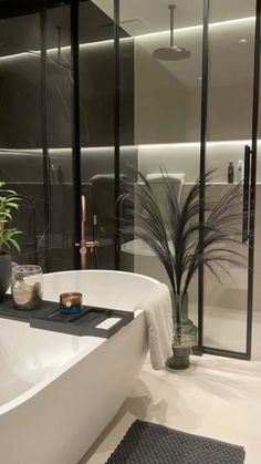 a white bath tub sitting in a bathroom next to a plant