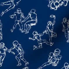 a drawing of football players in various positions on a blue background with white outlines