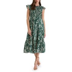 The August Sky Women's Floral Smocked Flutter Sleeves Midi Dress is a perfect blend of elegance and charm. Featuring short flutter sleeves and a round neckline with a behind-the-neck button keyhole opening, this dress adds a touch of sophistication. The smocked bodice and elastic waistband provide a flattering fit, while the tiered skirt adds graceful movement. Lined to prevent sheerness, the floral print gives it a fresh and feminine look. Ideal for any occasion, this midi dress offers style an Green Flutter Sleeve Beach Midi Dress, Green Flutter Sleeve Dress With Ruffle Hem, Green Ruffle Sleeve Dress For Beach, Green Smocked Midi Dress With Ruffle Hem, Green Smocked Short Sleeve Dress For Brunch, Green Midi Length Smocked Dress With Ruffle Hem, Green Midi Smocked Dress With Ruffle Hem, Green Smocked Dress With Short Sleeves For Brunch, Green Midi-length Smocked Dress With Ruffle Hem