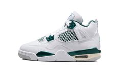 The Air Jordan 4 GS “Oxidized Green” is the youth sizing of the colorway of Michael Jordan’s fourth signature shoe with green details.  A versatile look for the iconic sneaker, the upper features a white leather design with tonal netting on the mid-panel and tongue.  Contrasting Oxidized Green accents can be found on the molded eyelets, the lace “wings,” and on the heel tab, branded with a classic Jumpman logo.  An additional Jumpman can be found on the tongue tag.  Underfoot, an Oxidized Green Lace Wings, Green Jordans, Green Details, Jumpman Logo, Shoe Crafts, Air Jordan 4, Air Jordan 4 Retro, Stadium Goods, Kids Jordans