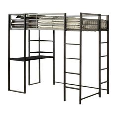 a metal bunk bed with two ladders next to it