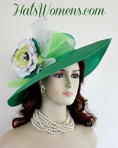 "Ladies Kelly Green Wide Brim Formal Fashion Kentucky Derby Hat With Expensive Silk Millinery Flowers. This Custom Made Women's Designer Hat Is Embellished With A Large Kelly Green Crinoline Horsehair Bow, Mixed With A Lime Green Organza Bow. Beautiful Silk Handmade White, Lime And Kelly Green Flowers Are Placed In The Center Of This Bow.  A Hand Dyed Beaded Lime Green Velvet Trim Encircles The Crown Of This Fashion Hat. This Gorgeous Designer Hat Is Suited For A Bride To Be On Her Wedding Day, Special Occasion Hats, Mother Of The Bride Hats, Custom Made Hats, Barbie Hat, Church Weddings, Organza Bow, Horse Races, Millinery Flowers, Occasion Hats