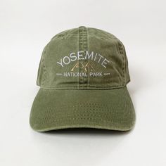 100 % Cotton.  One size fits most with an adjustable buckle strap closure. Adult / Unisex Thick ,Soft , and light material. Very nice quality built hats with quality embroidery work. Camping Hat, Travel Hat, Embroidered Cap, Arches National Park, Embroidered Caps, Hat Baseball, Yosemite National, Yosemite National Park, Embroidery Work