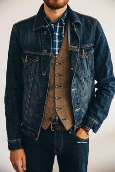 Denim Vest Outfit, 40 Shirt, Mens Vest Fashion, Denim Jacket Outfit, Mens Apparel, Sport Coats, Mens Clothes, Denim Jacket Men, Vest Outfits