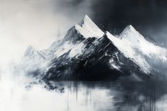 a black and white painting of mountains in the sky with snow on them, as well as water below