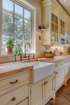 a large kitchen with white cabinets and wooden flooring, along with an island in the middle