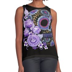 Women's sleeveless tank with vivid edge-to-edge sublimation print on front. Spliced materials for comfort. Front panel made from silky chiffon and solid color black or white jersey back. Sizes available XS- 2XL. Awesome Sugar Skull Design T-Shirt for Dia De Los Muertos Day of the Dead. Great gift for men and women alike. Perfect for fiesta. Fitted Sleeveless Top With Skull Print, Sleeveless Skull Print Top For Summer, Sleeveless Summer Top With Skull Print, Purple Graphic Print Sleeveless Tops, Purple Sleeveless Top With Graphic Print, Purple Sleeveless Graphic Print Top, Black Sugar Skull, Skull Day Of The Dead, Black Sugar