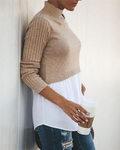 Sweater outfit ideas - Fashionsarah.com Better Sweater Outfit, Half Sweater, Kimono Maxi Dress, Button Sweater, Knitted Pullover Sweaters, Cool Sweaters, Winter Sweaters, Sweater Blouse, Sleeves Pattern