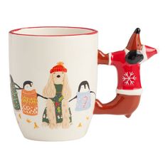 a coffee cup with a dog on it and penguin in the hat holding a scarf