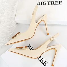 Pointed Toe Pumps Metal Square Buckle High Heels Beige Slingback Pumps With Buckle For Party, Floral Heels, Point Shoes, Women Shoes Online, Pu Heels, Stiletto Sandals, Pointed Toe Shoes, Stiletto Pumps, High Heels Stilettos