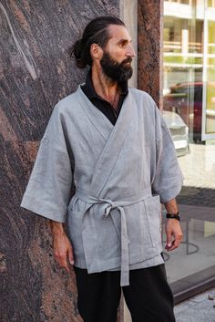 Mens Linen Kimono, Latte Kimono Men, Handmade Cardigan, Linen Coat, Linen Loungewear, Flax Robe, Spa Robe - Etsy Japanese Kimono Male, Mens Robes, Kimono Men, Men's Yukata, Kimono Modern, Mens Kimono, Diy Kimono, Handmade Cardigan, Minimalist Japanese