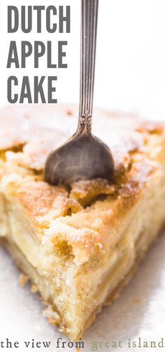 a piece of pie with a fork sticking out of it's center and the words dutch apple cake above it