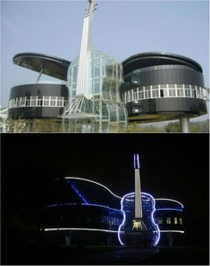 two pictures one with a building and the other with a guitar in front of it