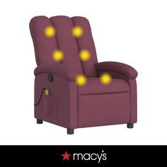 a purple recliner chair with yellow lights on it's arms and back legs