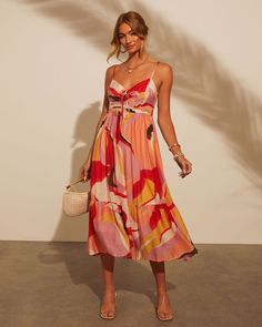 Pink Multi % Eudora Printed Tie Front Midi Dress-3 Unique Women, Pink Midi Dress, Satin Slip, Green Midi Dress, Prom Night, Swimsuit Cover Ups, Printed Ties, Floral Stripe, Swimsuit Cover