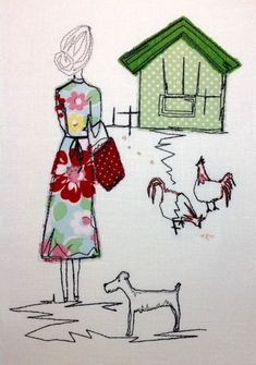 a drawing of a woman standing in front of a house with chickens and a dog