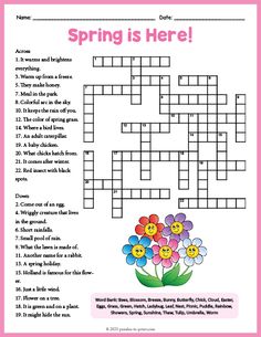 the spring is here crossword puzzle game with flowers and words in pink, white and blue