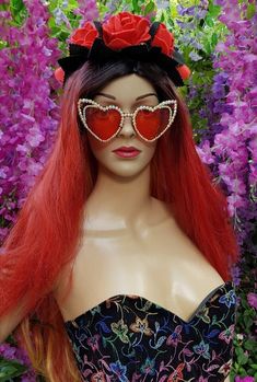 "Epic whacky vintage style red heart shape sunglasses! Groovy edging of clear AB faux rhinestones. These are fabulous and uber cool for that classic retro look.  Love them! ♥️♥️ Crafted in a red perspex/resin these crazy mad sun glasses look just amazing on. Very funky! These are a later retro vintage style reproduction from around 2000 and not original 60s or 70s vintage. Either way they are just mega cool!   A fantastic addition to compliment your vintage outfit 😎 Condition: They are in very good vintage condition and have been carefully cleaned.  Purchased from a vintage and retro shop several years ago but only very lightly used as a prop in photo shoots. About: \"Mijkra\" is a UK based artist/photographer and designer creating and sourcing unique original pieces in a converted stable Red Heart Shaped Sunglasses, Shape Sunglasses, Retro Shop, Shaped Sunglasses, Vintage Outfit, Heart Shaped Sunglasses, Vintage Sunglasses, Retro Vintage Style, Create Outfits