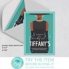 a card with an image of a woman's dress on it and the words tiffany's