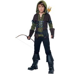 a young boy dressed in an arrow costume